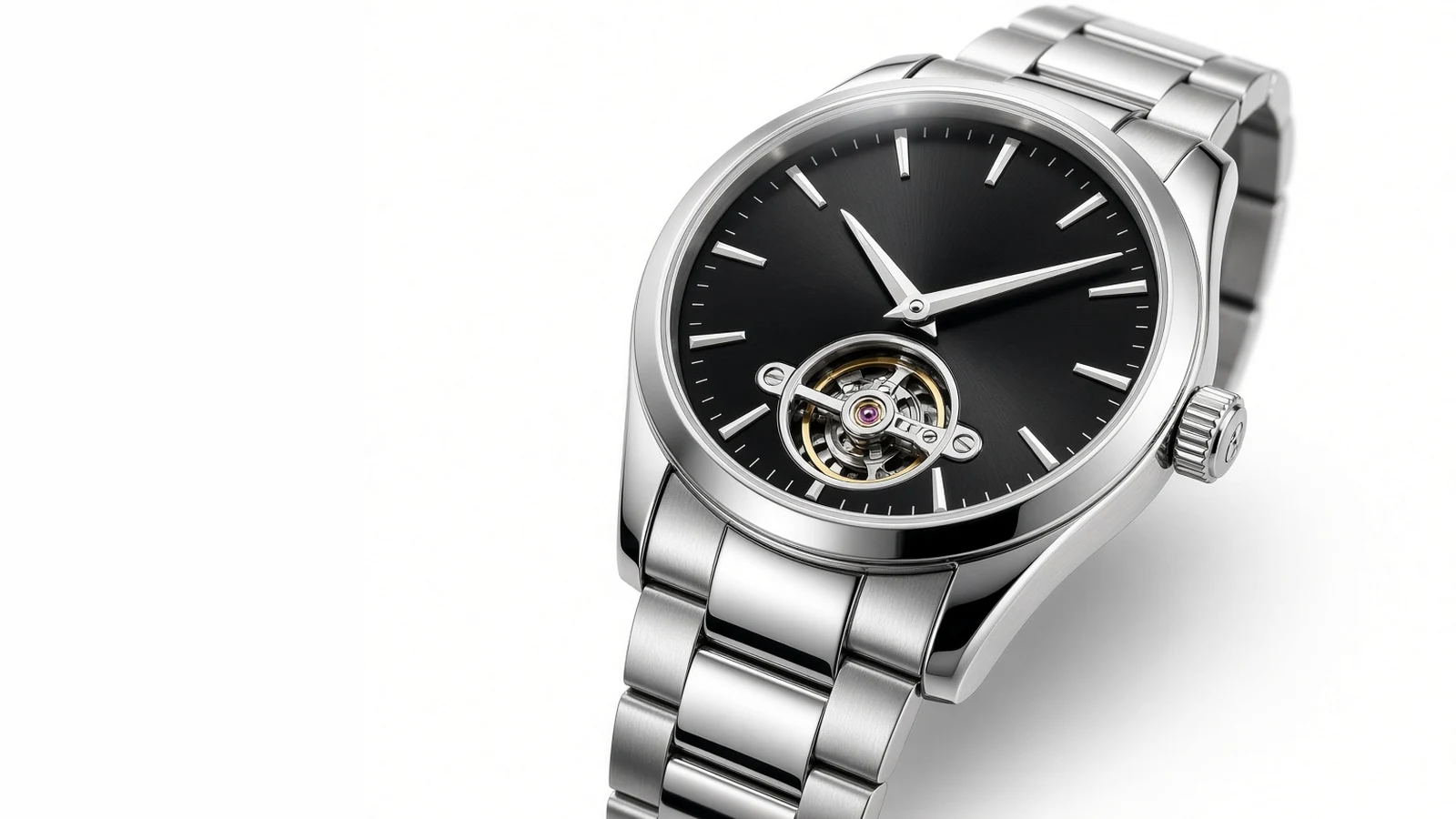 Montre tourbillon en acier sur fond blanc
