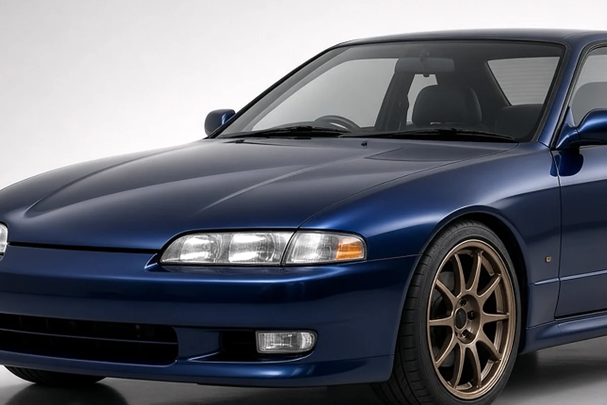 Coupé sportif japonais bleu foncé dans un studio blanc