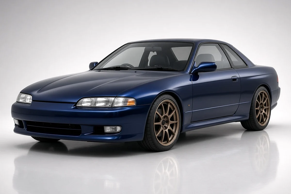 Gros plan avant trois quarts du coupé bleu foncé aux jantes bronze