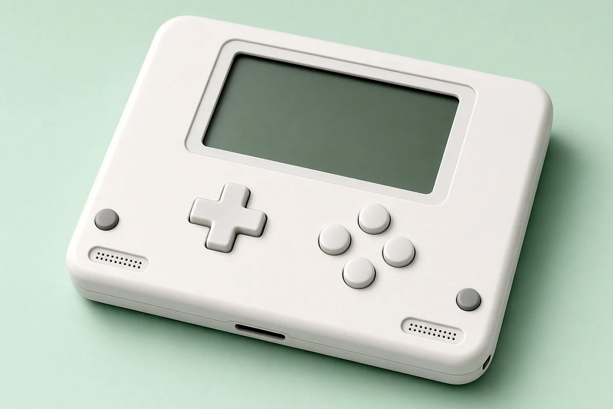 Console portable rétro blanche sur fond vert menthe