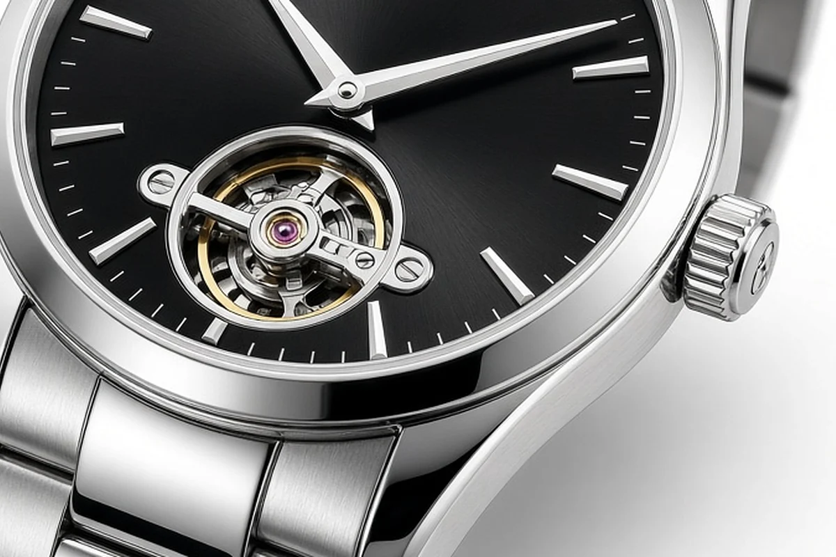 Gros plan sur le tourbillon apparent du cadran noir