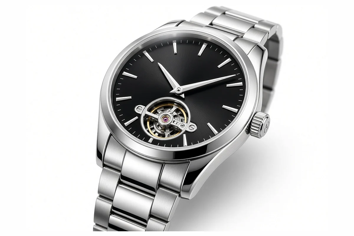 Montre tourbillon en acier au cadran noir sur fond blanc